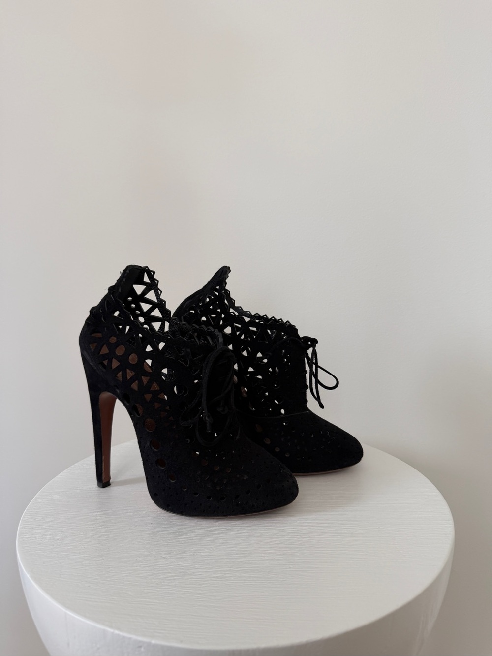 Alaia Black Laser-Cut Lace-Up High-Heel Ankle Booties